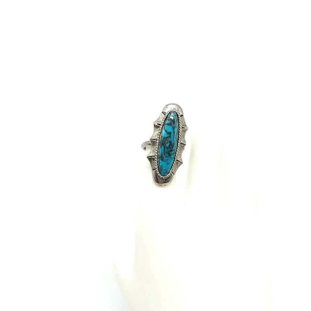 Faux Blue Turquoise Southwest Silver Tone Vintage 1970s Scalloped Ring Size 7